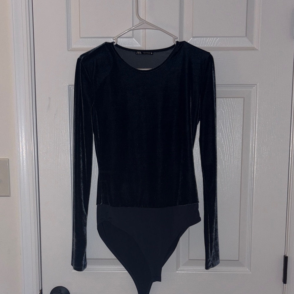 Zara Blue Velvet Long Sleeve Bodysuit